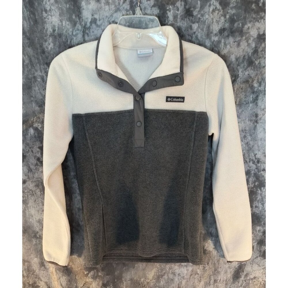 Columbia Womens Pullover Fleece Jacket Small Grey & Cream Snap Collar Cozy Warm